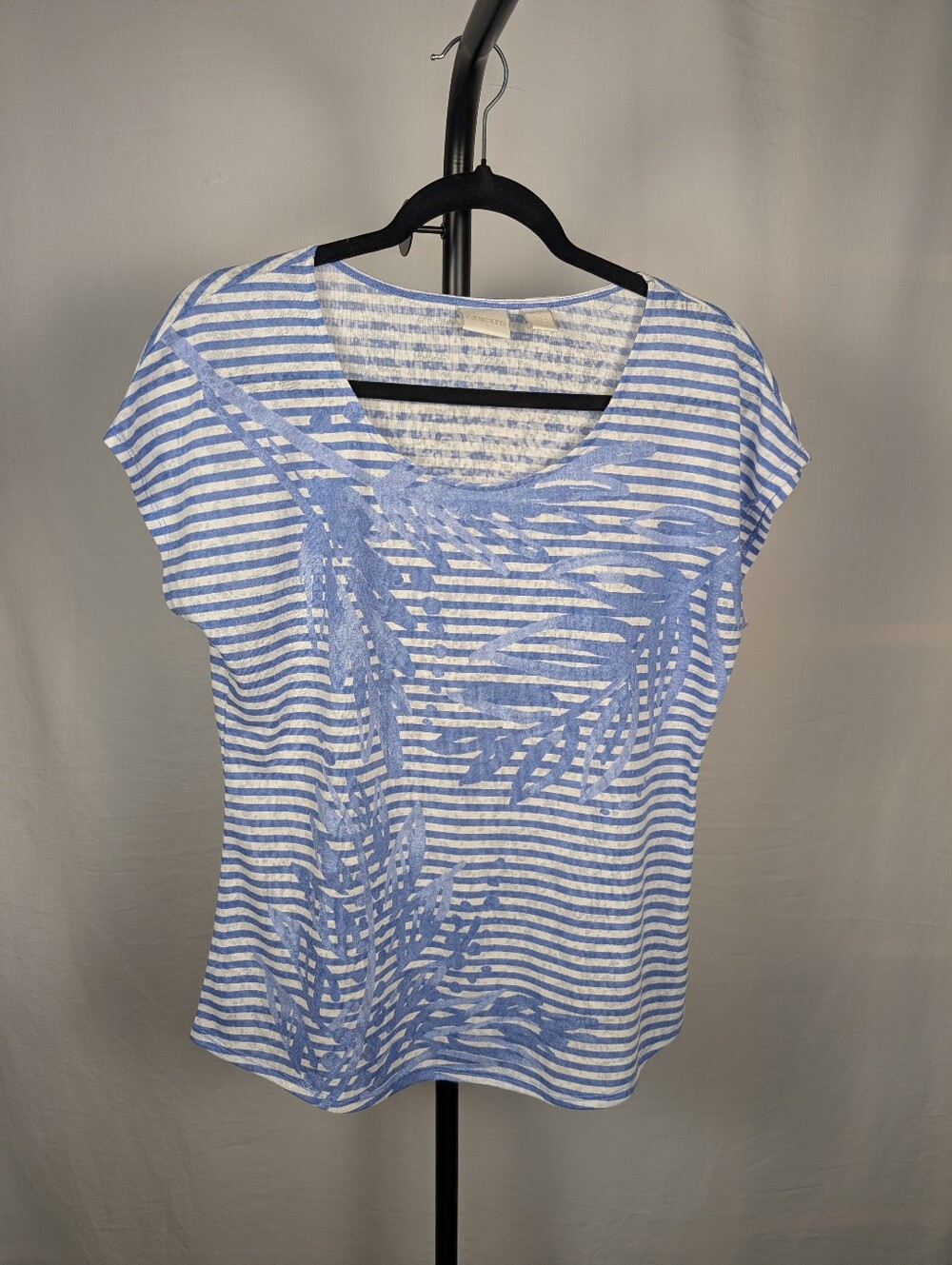 A-183 — Chico's Blue & White Striped Leaf Print Top - Picture 2 of 9